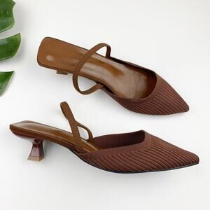 Temu Pointed Toe Slingback Brown Ribbed Knit Kitten Heels Shoes Women's 40 US 9